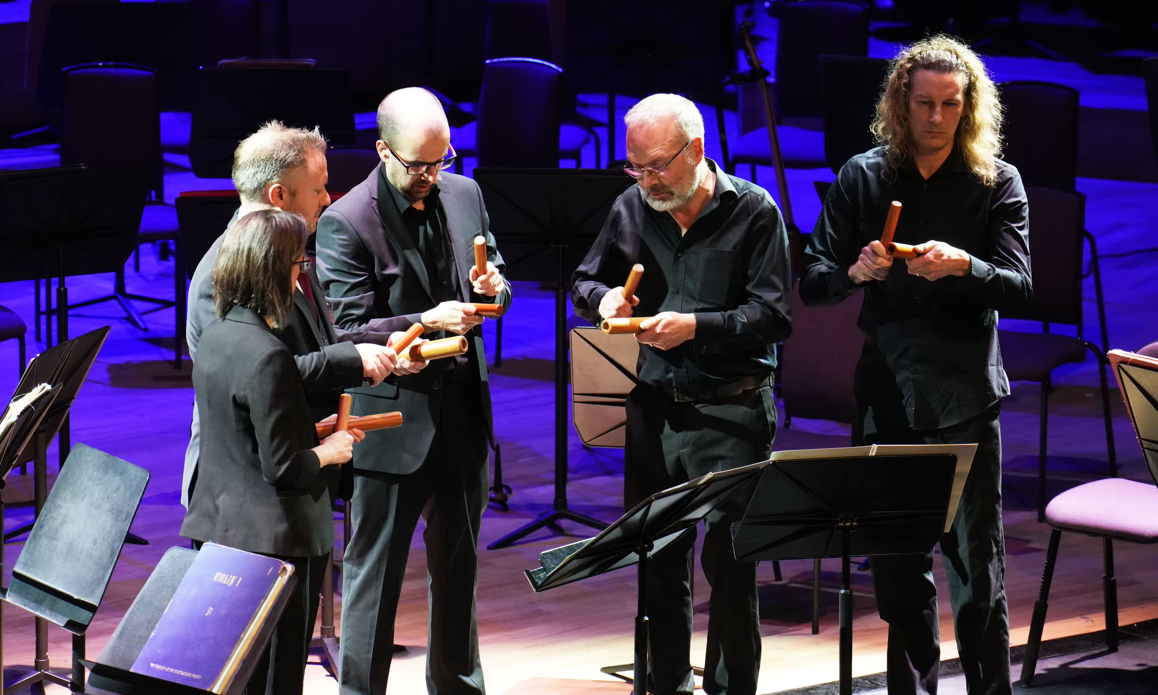 Colin Currie and members of the Hallé Orchestra perform Music for Pieces of Wood at Bridgewater Hall